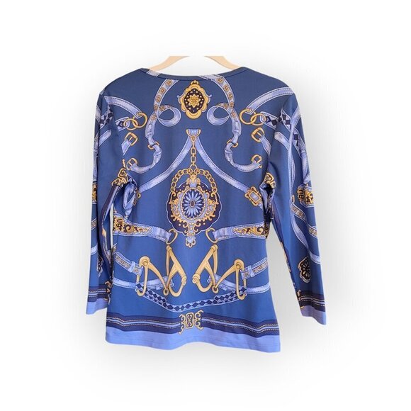 J. McLaughlin Blue Gold Chainlink Stretch Top Small - Picture 2 of 12